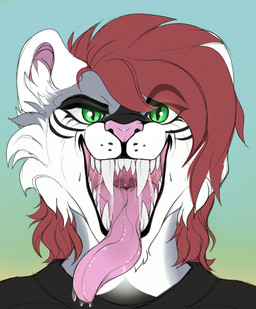 anthro big_fangs black_clothing black_lips black_topwear bodily_fluids cheek_tuft clothed clothing facial_tuft fangs female front_view fur glistening glistening_eyes glistening_tongue green_eyes grey_body grey_fur hair inner_ear_fluff lips mouth_shot open_mouth pink_nose pink_tongue pupils red_hair saliva saliva_on_tongue saliva_string simple_background slit_pupils solo teeth tongue tongue_out topwear tuft unsigned uvula white_body white_fur white_inner_ear_fluff santanahoffman felid mammal absurd_res bust_portrait colored_sketch hi_res portrait sketch