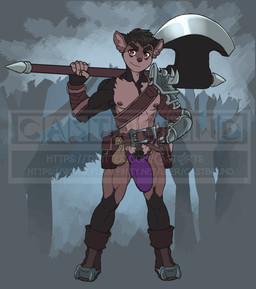 abs anthro armor armpit_hair athletic athletic_male axe belt belt_buckle belt_pouch big_bulge black_hair body_hair boots buckle bulge clothed clothing countershading crotch_tuft detailed_bulge footwear genital_outline genitals hair huge_bulge looking_at_viewer male melee_weapon nipples partially_clothed penis_outline red_eyes shoes solo standing tuft unconvincing_armor underwear weapon castbound russell_(castbound) canid canine canis domestic_dog mammal hi_res watermark