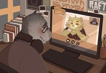 anthro call camera computer duo electronics female flag male poster video_camera headoctopus phasmophobia raft_(video_game) bear mammal marine pinniped seal