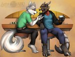 anthro black_nose clothed clothing duo food fur grey_body grey_fur horn male male/male open_mouth red_sclera sushi tail white_body white_fur yellow_eyes abluedeer mythology canid dragon mammal mythological_creature mythological_scalie scalie 2020