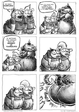 anthro armor belly big_belly big_butt biped bubble_butt butt butt_shot clothing dialogue group headgear helmet male overweight overweight_male shirt text topwear jwbalsley boss_rat chester_the_rat stinky_the_rat mammal murid murine rat rodent 2025 comic english_text hi_res monochrome