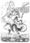 4_toes 5_fingers anthro breasts clothed clothing dancing day detailed_background digitigrade ear_piercing ear_ring eyes_closed feet female fingers fur grass midriff navel nipples piercing plant ring_piercing solo striped_body striped_fur stripes toes anisis felid mammal pantherine tiger 2018 monochrome traditional_media_(artwork)