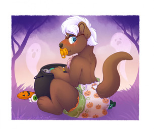 anthro biped clothing diaper feces hair holidays looking_back male pacifier scatplay soiled_diaper soiling solo unclean_diaper used_diaper white_hair young young_anthro young_male applepup halloween gid_(pointofnor3turn) mammal mustelid otter 2017