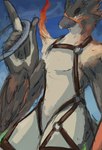 anthro beak brown_beak brown_body brown_feathers chakram eyebrows facial_scar feather_hands feathers fire gradient_body harness harness_only holding_object looking_at_viewer male nude orange_eyes scar solo tail tail_feathers thick_eyebrows weapon winged_arms wings voxtheowl soko_(voxtheowl) avian bird falcon falconid hi_res