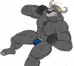 abs anthro big_muscles bulge clothed clothing eyewear glasses horn male muscular muscular_anthro muscular_male nipples pecs pubes simple_background solo topless white_background probablyboku disney zootopia chief_bogo bovid bovine cape_buffalo mammal