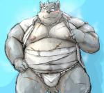 anthro belly_wraps blush bodily_fluids bulge clothed clothing cyan_background front_view fur grey_body grey_fur kemono male nipples open_clothing open_shirt open_topwear overweight overweight_anthro overweight_male scar shirt simple_background solo sweat topwear kotobuki lifewonders tokyo_afterschool_summoners moritaka_(tas) canid canine canis domestic_dog mammal sketch