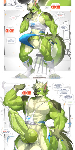 animal_genitalia animal_penis anthro balls big_balls big_muscles big_penis bodily_fluids body_size_growth canine_genitalia canine_penis claws clothing collar comic_panel cum cum_drip cum_on_penis dripping ejaculation erection facial_piercing footwear fur genital_fluids genital_growth genitals green_body green_fur growth growth_pills growth_sequence huge_balls huge_muscles huge_penis hyper hyper_balls hyper_genitalia hyper_muscles hyper_penis jockstrap knot knotted_penis male muscle_growth muscular muscular_anthro muscular_arms muscular_male muscular_thighs nude nude_anthro nude_male penis picture_frame piercing precum precum_on_penis precum_through_clothing profanity sheath shirt size_transformation socks solo sweat sweatdrop sweaty_body tank_top text topwear torn_clothing torn_shirt torn_topwear transformation underwear wet wet_clothing bluch_(artist) canid canine canis fox mammal absurd_res comic english_text hi_res url