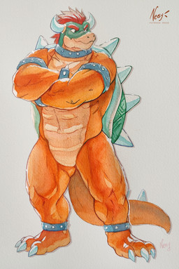 2_horns abs anklet anthro armband biceps biped bracelet collar crossed_arms featureless_crotch hair horn jewelry legband male muscular muscular_anthro muscular_male muscular_thighs nude pecs plantigrade pose quads red_hair shell smile solo spiked_anklet spiked_armband spiked_bracelet spiked_legband spiked_shell spiked_tail spikes spikes_(anatomy) standing studded_collar studs tail negy mario_bros nintendo bowser koopa scalie 2022 absurd_res hi_res painting_(artwork) traditional_media_(artwork) traditional_painting_(artwork) traditional_watercolor_(artwork) watercolor_(artwork)