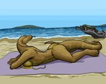 5:4 anthro beach big_breasts big_tail bikini breasts clothing detailed_background female jenny_(slither) lizard log long_tail non-mammal_breasts oniontrain outside reptile scalie side_view slither solo sunning swimwear tail tapering_tail thick_tail tongue towel wood