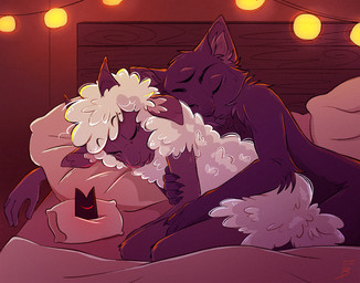 anthro biped cuddling duo eyes_closed fur horn lights nude pillow sleeping string_lights under_covers white_body white_fur white_wool wool_(fur) freckledbastard cult_of_the_lamb massive_monster_(studio) lamb_(cult_of_the_lamb) narinder bovid caprine domestic_cat felid feline felis mammal sheep 2024 digital_drawing_(artwork) digital_media_(artwork) warm_colors