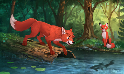 amazing_background black_nose canon_couple claws day detailed_background dipstick_tail duo female feral forest fur hunting lake lily_pad log looking_at_another male markings multicolored_tail nature nude open_mouth open_smile orange_body orange_fur outside paws plant sitting smile standing tail tail_markings teeth tongue tree water white_tail_tip wood yakovlev-vad disney the_fox_and_the_hound tod_(tfath) vixey_(tfath) aquatic canid canine fish fox mammal red_fox true_fox detailed hi_res