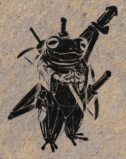 anthro biped bow_(weapon) clothed clothing dagger feet male male_anthro melee_weapon monotone_background nude plantigrade ranged_weapon scabbard simple_background size_difference smaller_male smile solo standing sword textured_background three-quarter_view toes weapon hdyly amphibian frog 2025 absurd_res character_request charcoal_(artwork) digital_drawing_(artwork) digital_media_(artwork) hi_res monochrome sketch traditional_media_(artwork)