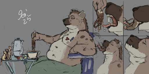 anthro anthro_pred anthro_prey balls belly beverage bodily_fluids bottomwear breakfast brown_body brown_fur casual_cruelty chair clothed_prey clothing container cup dipping discarded_clothing extreme_size_difference forced fur furniture genitals grey_background group head_first holding_micro holding_prey imminent_oral_vore imminent_vore macro macro_male macro_pred male male/male male_pred male_prey markings micro micro_prey mouse_tail mouth_closed nipples nude_anthro nude_male nude_prey open_mouth oral_vore overweight pants partially_inside penis pink_nipples saliva saliva_string scared sharp_teeth shirt simple_background sitting size_difference spots spotted_body spotted_fur swallowing tan_body tan_fur tea_cup teeth text tongue tongue_out topwear unwilling_prey vore vore_sequence white_text wide_eyed willing_prey jeri_kleinlowe hyena mammal mouse murid murine rodent 2025 colored comic dated guide_lines hi_res sequence signature