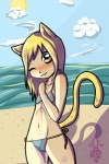 beach bikini blonde_hair blush clothed clothing cloud female hair looking_at_viewer navel one_eye_closed outside seaside skimpy sky smile solo swimwear tight_clothing two-piece_swimsuit wink yellow_eyes gokai-chibi animal_humanoid cat_humanoid felid felid_humanoid feline feline_humanoid humanoid mammal mammal_humanoid 2013 2:3