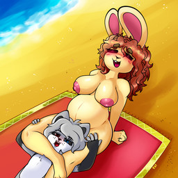 anthro areola beach big_breasts blush breasts breasts_apart brown_hair buckteeth cheek_spots chokehold duo eyebrows eyes_closed female female_focus freckles grey_body grey_hair hair happy head_between_legs headlock leg_grab legs_around_head legs_around_partner long_hair lying male male/female nipples nude open_mouth outside pink_areola pink_nipples pregnant sand sea seaside short_hair sitting smile spots teeth thick_eyebrows water yellow_body la_tiapat pat_(prettypatsusan) canid canine canis lagomorph leporid mammal rabbit wolf 1:1 hi_res