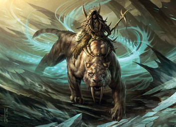 ambiguous_gender angry armor brown_body brown_fur claws duo fangs front_view fur holding_object holding_staff looking_at_viewer mount outside riding sabertooth_(anatomy) saddle staff standing tail teeth wind raymond_swanland hasbro magic:_the_gathering wizards_of_the_coast felid human mammal prehistoric_species saber-toothed_tiger 2014 official_art