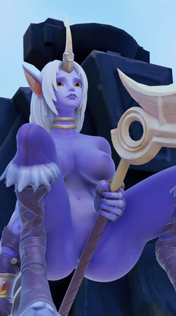breasts duo female grinding hair horn purple_body purple_skin staff weapon white_hair yellow_eyes k000ht league_of_legends riot_games tencent soraka humanoid 3d_(artwork) animated animated_gif blender_(artwork) digital_media_(artwork) hi_res short_playtime