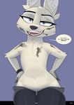 2018 absurd_res anthro arctic_fox arm_tuft bedroom_eyes biped black_nose blue_eyes canid canine claws clock clothed clothing dialogue dirty disney elbow_tuft english_text featureless_chest female flat_chested fox fur half-closed_eyes hands_on_hips head_tuft hi_res inner_ear_fluff looking_at_viewer low-riding mammal match mostly_nude mouth_hold narrowed_eyes open_mouth open_smile seductive skye_(zootopia) smile solo speech_bubble text topless true_fox tuft v-cut watch white_body white_fur wide_hips wristwatch yitexity zootopia
