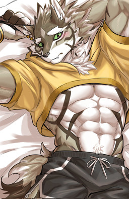 anthro blush bottomwear brown_body brown_fur clothed clothing clothing_lift ear_piercing fur green_eyes looking_at_viewer lying male muscular muscular_anthro muscular_male navel on_back piercing shirt shirt_lift shorts solo striped_body stripes tail topwear white_body white_fur robo_tyan lifewonders tokyo_afterschool_summoners seth_(tas) canid canine canis jackal mammal 2026 hi_res