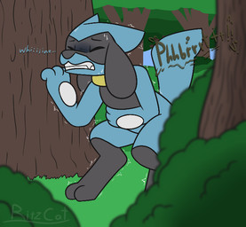 ambiguous_gender ambiguous_pooping anthro black_body black_fur blue_body blue_fur bodily_fluids clenched_teeth crouching desperation ears_down ellipsis emanata eyes_closed feces forest fur grass hand_on_tree holding_belly implied_pooping pivoted_ears plant poop_desperation pooping raised_tail scatplay shrub solo sound_effects sweat tail teeth text tree whining yellow_body ritzcat nintendo pokemon generation_4_pokemon pokemon_(species) riolu artist_name