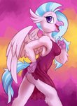 anthro anthrofied avian blue_hair clothed clothing clothing_lift cocktail_dress dress dress_lift european_mythology feathered_wings feathers feet female friendship_is_magic greek_mythology hair hasbro hi_res hippogriff hobbes_maxwell my_little_pony mythological_avian mythological_creature mythology panties pose purple_eyes silverstream_(mlp) solo talons toes underwear wings