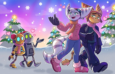 anthro blue_eyes blush boots bottomwear clothing ear_piercing ear_ring eyebrows eyelashes eyewear eyewear_on_head female footwear fur gloves goggles goggles_on_head green_eyes group handwear hat headgear headwear heart_symbol holidays jacket machine male open_mouth open_smile pants piercing ring_piercing scarf shoes smile snow topwear white_body white_fur winter_clothing yellow_body manysart1 christmas ratchet_and_clank sony_corporation sony_interactive_entertainment clank_(ratchet_and_clank) kit_(ratchet_and_clank) ratchet_(ratchet_and_clank) rivet_(ratchet_and_clank) lombax mammal robot 2025 hi_res