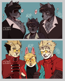 anthro cigarette clothing coat eyewear glasses group male male/male red_clothing red_coat red_topwear size_difference smoking suit sunglasses topwear trigun98 trigun_maximum yellow_eyewear yellow_glasses dookeybooggie trigun trigun_stampede nicholas_d_wolfwood vash_the_stampede canid canine canis cougar felid feline jaguar lagomorph leporid mammal pantherine rabbit wolf absurd_res hi_res