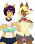 anthro big_breasts blush bottomwear bra breasts clothed clothing duo female hair heart_symbol miniskirt panties school_uniform short_hair skirt student underwear uniform upskirt wide_hips kemonon domestic_cat felid feline felis mammal 2007