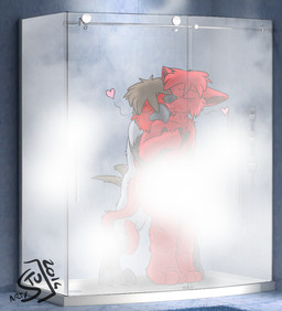 anthro bath bathroom cuddling duo heart_symbol inside kissing male nude shower steam water wet arty_the_frog avian bird felid mammal pantherine