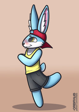 anthro big_ears big_eyes black_bottomwear black_clothing black_nose black_shorts blue_body blue_fur blush bottomwear chibi clothing fur hat headgear headwear inner_ear_fluff looking_up male on_one_leg one_leg_up overbite raised_leg shirt shorts simple_background solo standing tan_background tank_top text topwear tuft yellow_clothing yellow_eyes yellow_shirt yellow_topwear orbitalis lagomorph leporid mammal rabbit absurd_res hi_res url