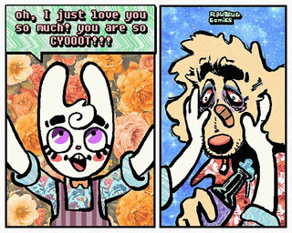 aloha_shirt anthro band-aid band-aid_on_face band-aid_on_nose bandage bandage_on_face bandage_on_nose beer_bottle bottle bow_tie cheek_spots cigarette cigarette_in_mouth clothing container dialogue duo eye_bags floppy_ears fur half-closed_eyes male narrowed_eyes object_in_mouth open_mouth open_smile overalls pattern_clothing pattern_shirt pattern_topwear shirt smile smoking_tobacco speech_bubble stubble text topwear white_body white_fur wide_eyed yellow_body yellow_fur rawdawgcomics bingus_(rawdawgcomics) stahli_(rawdawgcomics) bird_dog canid canine canis domestic_dog golden_retriever hunting_dog lagomorph leporid mammal rabbit retriever 5:4 comic english_text