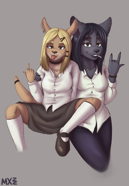 accessory anthro black_hair blonde_hair choker cigarette clothing duo ear_piercing ear_ring eyebrow_piercing facial_piercing female female/female fur gesture grey_body grey_fur hair hand_gesture hug jewelry legwear middle_finger necklace piercing pose ring_piercing school_uniform shirt sitting smile stockings tan_body tan_fur tongue tongue_out tongue_piercing topwear uniform maxizz sophie_(maxizz) canid canine canis domestic_dog kangaroo macropod mammal marsupial absurd_res hi_res