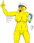 anthro beak breasts captain casual_nudity clipboard clothing female genitals hat headgear headwear holding_clipboard holding_object living_image nipples non-mammal_nipples nude pussy solo standing text themanbearpig avian bird colored digital_media_(artwork) hi_res