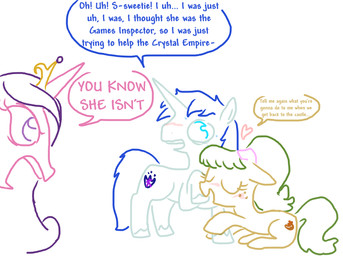 angry blush bodily_fluids cartoon_freckles caught cheating_husband crown cutie_mark dialogue eyelashes female feral freckled_face freckles group hair headgear heart_symbol hearts_around_head holding_leg horn long_eyelashes male male/female messy_hair nervous quadruped royalty sweat text tiara trio unicorn_horn wings the_weaver friendship_is_magic hasbro my_little_pony mythology ms._peachbottom_(mlp) princess_cadance_(mlp) shining_armor_(mlp) earth_pony equid equine horse mammal mythological_creature mythological_equine pony unicorn winged_unicorn english_text