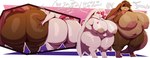 anthro areola belly big_belly big_breasts big_butt breasts brown_hair butt butt_grab deep_navel duo exclamation_point eyes_closed female female/female genitals glistening_eyelids hair hair_over_eye hand_on_butt huge_breasts huge_butt hyper hyper_butt lidded_eyes long_ears navel neck_tuft nipples one_eye_obstructed onomatopoeia open_mouth overweight overweight_anthro overweight_female pussy red_eyes sound_effects tan_areola tan_nipples tattoo text thick_thighs tuft white_body trinity-fate62 ilia_(justkindofhere) lagomorph leporid mammal rabbit 2024 absurd_res english_text hi_res sibling_(lore) sister_(lore) sisters_(lore)