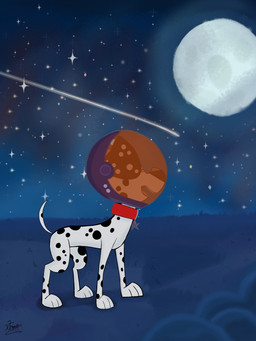 black_nose black_spots collar feral floppy_ears fur heterochromatic_ears male moon night red_collar solo space_helmet spots star toony white_body white_fur xtremo790 101_dalmatian_street 101_dalmatians disney dylan_(101_dalmatians) canid canine canis dalmatian domestic_dog mammal 3:4 absurd_res hi_res