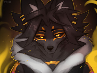 ankh anthro black_body black_fur black_hair black_nose black_sclera clothing ear_piercing egyptian fire fur hair inner_ear_fluff looking_at_viewer male piercing solo topwear tuft yellow_eyes hyilpi didact_(muttsu_okami) anubian_jackal canid canine canis demigod jackal mammal 4:3 bust_portrait colored digital_drawing_(artwork) digital_media_(artwork) hi_res portrait shaded