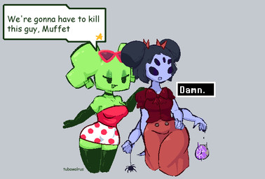 5_eyes anthro armwear black_armwear black_choker black_clothing black_elbow_gloves black_eyes black_gloves black_hair black_handwear black_jewelry black_legwear black_necklace black_speech_bubble black_thigh_highs bottomwear breasts choker cleavage clothed clothed_anthro clothed_female clothed_humanoid clothing dessert dialogue doughnut duo elbow_gloves eyelashes eyeshadow eyewear eyewear_on_head female female_anthro female_humanoid food gloves green_body green_breasts green_eyeshadow green_hair green_skin green_text green_tongue grey_background hair hair_bow_only half-closed_eyes hand_on_another's_shoulder hand_on_hip hand_on_own_hip hand_on_shoulder handwear jewelry legwear makeup medium_breasts multi_eye multi_limb narrowed_eyes navel necklace open_mouth open_smile pastry pattern_bottomwear pattern_clothing pattern_skirt pigtails purple_body red_bow red_clothing red_eyewear red_hair_bow red_sunglasses red_topwear simple_background skirt smile speech_bubble spider_donut spots spotted_bottomwear spotted_clothing spotted_skirt sunglasses sunglasses_on_head talking_to_another text thigh_highs tongue topwear twin_bows white_bottomwear white_clothing white_skirt white_speech_bubble white_text tubawalrus i_think_we're_gonna_have_to_kill_this_guy mario_bros nintendo paper_mario undertale undertale_(series) mimi_(paper_mario) muffet arachnid arthropod humanoid spider 2023 aliasing artist_name crossover digital_media_(artwork) english_text watermark