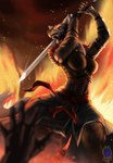 angry anthro armor chainmail dramatic female fire knight leather melee_weapon metal solo sword warrior weapon kaislair yuki_(blackinkwolf) canid canine canis humanoid mammal wolf hi_res