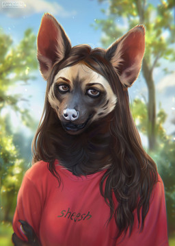 anthro black_body black_fur blue_nose blue_sky blurred_background brown_eyes brown_hair cheek_tuft clothed clothing facial_tuft female fur glistening glistening_eyes hair looking_at_viewer neck_tuft open_mouth outside red_clothing red_shirt red_topwear shirt sky solo tan_body tan_fur topwear tuft lostgoose canid mammal 2022 dated half-length_portrait hi_res portrait signature