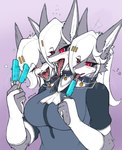 3_heads anthro clothed clothing eating eyes_closed female food fur grey_body grey_fur holding_food holding_object holding_popsicle licking licking_popsicle multi_head open_mouth piercing pink_background popsicle popsicle_melting purple_background red_eyes sharp_teeth simple_background solo teeth tongue tongue_out tongue_piercing white_body white_fur allsonwa wanee_(allsonwa) canid canine fox mammal hi_res
