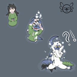 anthro clothing covering covering_mouth grey_background human_on_anthro interrobang interspecies male simple_background solo species_transformation text three_frame_sequence torn_clothing transformation transformation_sequence lightfurdragon nintendo pokemon absol generation_3_pokemon human mammal pokemon_(species) 1:1 2025 absurd_res artist_name dated hi_res