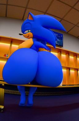 anthro balls barely_visible_balls barely_visible_genitalia bench big_butt bottom_heavy butt electronics femboy flatscreen genitals huge_butt locker_room looking_at_viewer looking_back looking_back_at_viewer male narrowed_eyes on_bench pear-shaped_figure sitting sitting_on_bench smug_grin solo television thick_thighs wide_hips kirby_animatez sega sonic_the_hedgehog_(series) sonic_the_hedgehog eulipotyphlan european_hedgehog hedgehog mammal