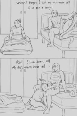 anthro balls bed bedding bedroom belly big_penis blanket bottomless butt clothed clothing deep_throat dialogue duo eyewear fellatio foreskin furniture genitals glasses humanoid_genitalia humanoid_penis inside kneeling kneeling_oral_position long_penis male male/male moobs nude oral oral_penetration partially_retracted_foreskin penetration penile penis sex shirt shirt_only sitting slightly_chubby slightly_chubby_anthro slightly_chubby_male t-shirt t-shirt_only text topwear topwear_only kostos_art bennie_(kostos_art) yari_(yarithesnek) amphibian frog reptile scalie snake 2024 absurd_res black_and_white english_text hi_res monochrome