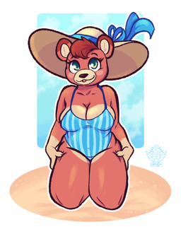 anthro beach blue_clothing blue_swimwear breasts brown_body brown_fur claws cleavage clothed clothing cloud female fur hat headgear headwear one-piece_swimsuit sand solo sun_hat swimwear henryjanedoe bear mammal hi_res