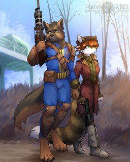 4_toes 5_fingers anthro barefoot clothing cosplay costume day detailed_background digitigrade duo feet female fingers green_eyes holding_object holding_weapon male outside standing toes vault_suit weapon abluedeer fallout microsoft piper_wright_(fallout) the_sole_survivor_(fallout) canid canine canis domestic_dog fox german_shepherd herding_dog mammal pastoral_dog 2016 4:5 digital_media_(artwork) hi_res shaded