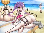 beach big_breasts big_butt bikini bikini_thong blonde_hair blush bodily_fluids breasts butt clothing disembodied_penis female female_penetrated genitals hair heart_symbol lying male male/female male_penetrating male_penetrating_female on_side penetration penis pigtails purple_hair seaside sex spade_tail sweat swimwear tail two-piece_swimsuit xelsword hololive vtuber sakamata_chloe tokoyami_towa yozora_mel demon demon_humanoid humanoid hi_res