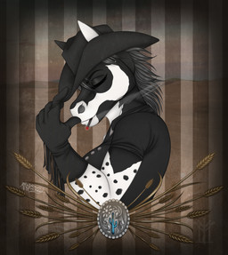 alternative_fashion anthro cigarette clothing cowboy cowboy_hat dark female goth hat headgear headwear jewelmare paint smoke solo western wild_west thehuntingwolf equid equine horse mammal pony hi_res