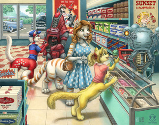 baseball_cap blonde_hair blush bottle bottomless breasts brown_hair building cleavage clothed clothing container countershading dessert dress female food fur googie_aesthetic green_eyes group hair hat headgear headwear ice_cream inside machine male markings modern_architecture nuka-cola pink_nose purse red_body red_fur spots spotted_body spotted_fur store striped_body striped_fur stripes tail text tongue tongue_out urban vehicle white_hair yellow_body yellow_fur kacey chryslus_motors_corporation corvega corvega_atomic_v8 corvega_sedan fallout microsoft lemonbite tina_(lionel) chakat felid felid_taur mammal mammal_taur mister_handy_(fallout) protectron_(fallout) robot taur 2016 english_text signature traditional_media_(artwork) herm_(lore)