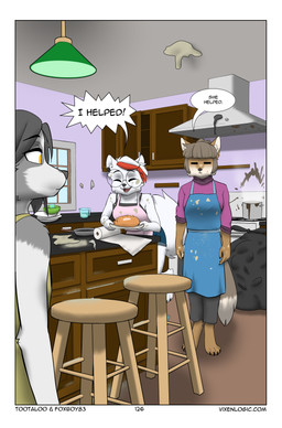 anthro appliance apron bag barefoot big_glasses black_bottomwear black_clothing black_pants black_shirt black_tank_top black_topwear blue_bottomwear blue_clothing blue_shorts border bottomwear bowl breasts brown_body brown_fur ceiling_lamp cheek_tuft clothed clothing container cooking_pot cookware cup dialogue digitigrade dipstick_tail dough dress ear_piercing eyes_closed eyewear facial_tuft fangs feet female flat_chested frying_pan fully_clothed fur furniture glasses grey_body grey_fur grey_hair group hair happy highlights_(coloring) hime_cut inner_ear_fluff inside kitchen kitchen_appliance kitchen_counter kitchen_utensils lamp markings measuring_cup medium_breasts open_mouth oven pants piercing plate proud purple_clothing purple_sweater purple_topwear purple_turtleneck red_highlights round_glasses shirt short_hair shorts slim speech_bubble standing stool sweater tail tail_markings tank_top teeth text tools topwear trash_bag trio tuft turtleneck white_body white_border white_fur white_hair window yellow_clothing yellow_dress yellow_eyes foxboy83 tootaloo vixen_logic arctica_(vixen_logic) ferra_(vixen_logic) marble_(vixen_logic) arctic_fox canid canine fox mammal marble_fox red_fox tibetan_sand_fox true_fox colored comic digital_media_(artwork) english_text hi_res